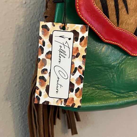 Folklore Couture Crossbody Bag Green Leather Tiger Print Red Fringe Boho Western - Picture 2 of 6